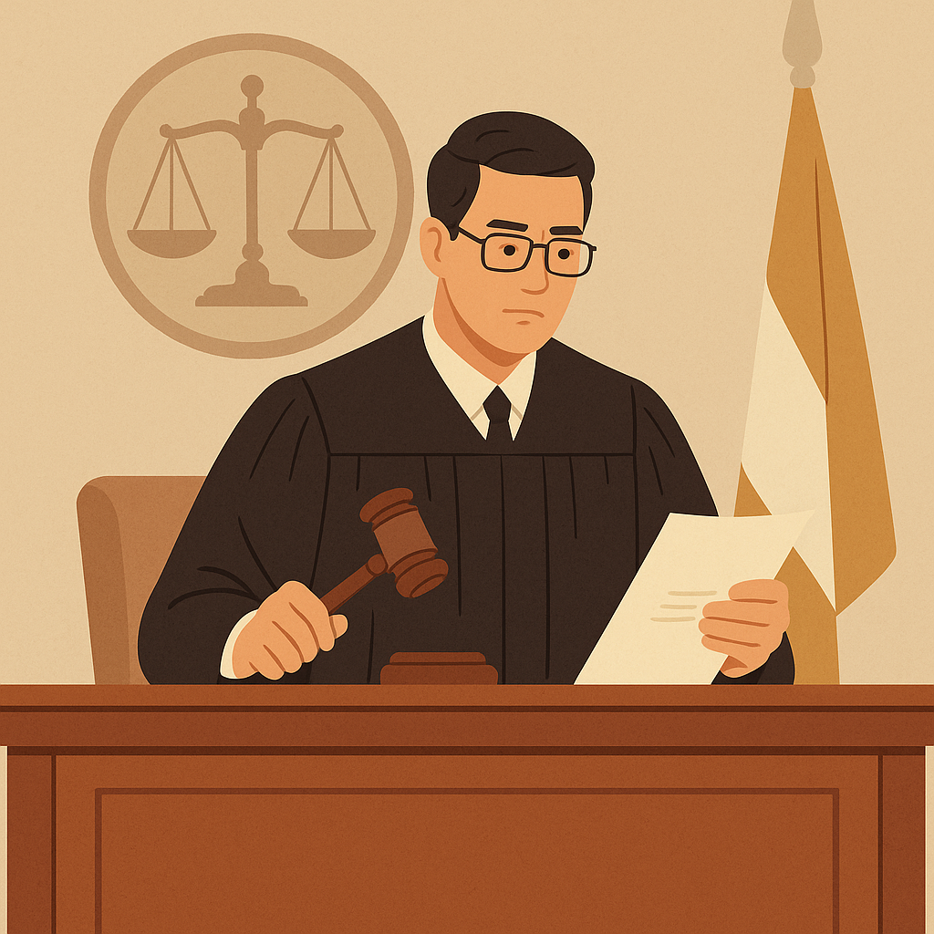 Courtroom illustration showing judge reviewing case about bid rejection due to blacklisting despite interim stay.