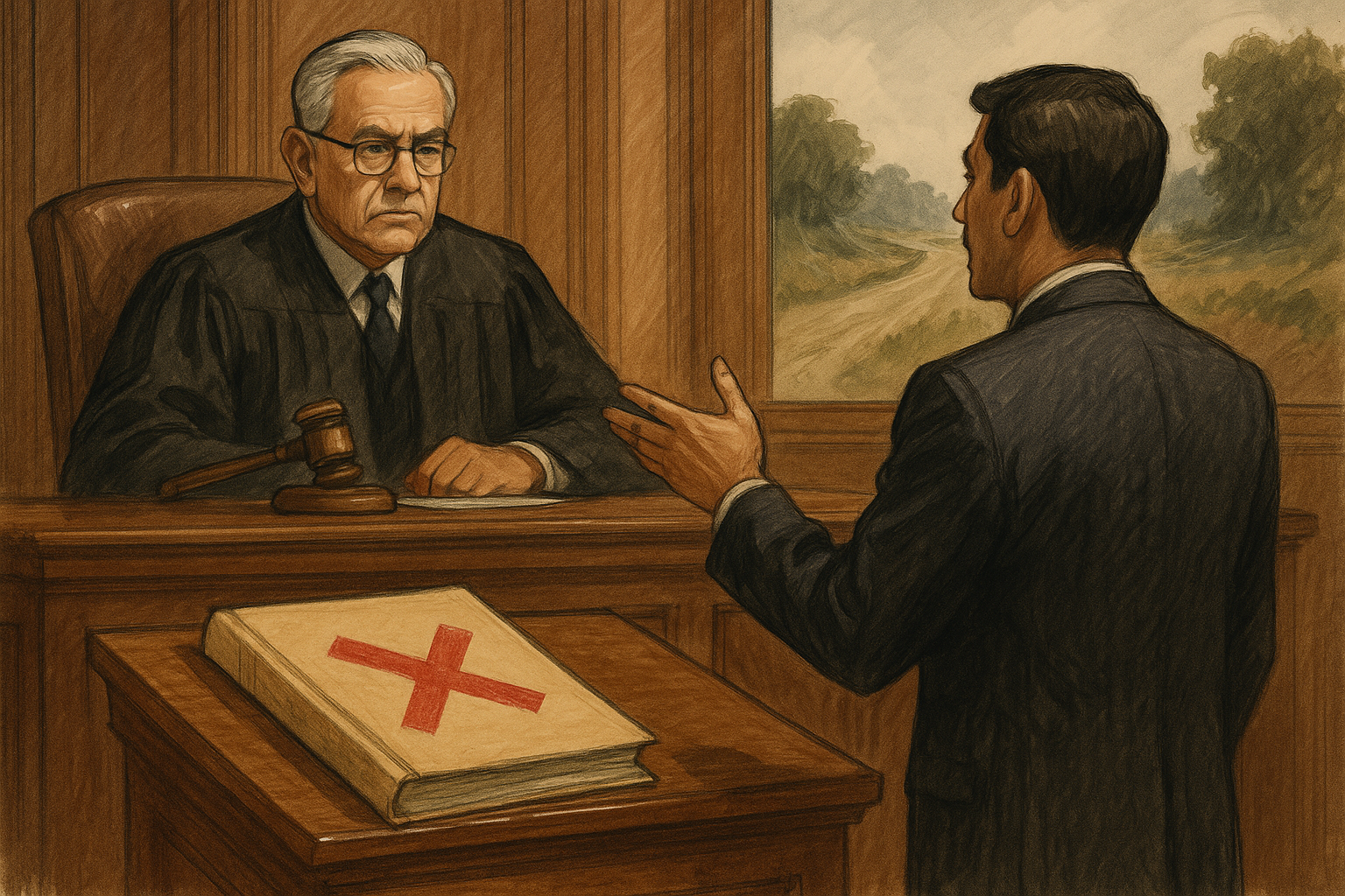 Courtroom illustration of judge reviewing case about 10-year contractor debarment for road project in Bihar