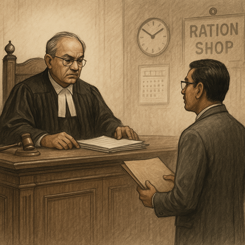 Courtroom illustration showing judge dismissing case over PDS shop license cancellation due to long delay.