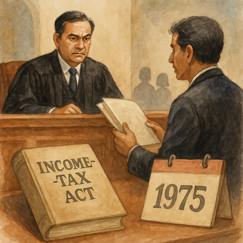 Courtroom illustration showing judge deciding income tax case on minor sons’ partnership income before amendment date