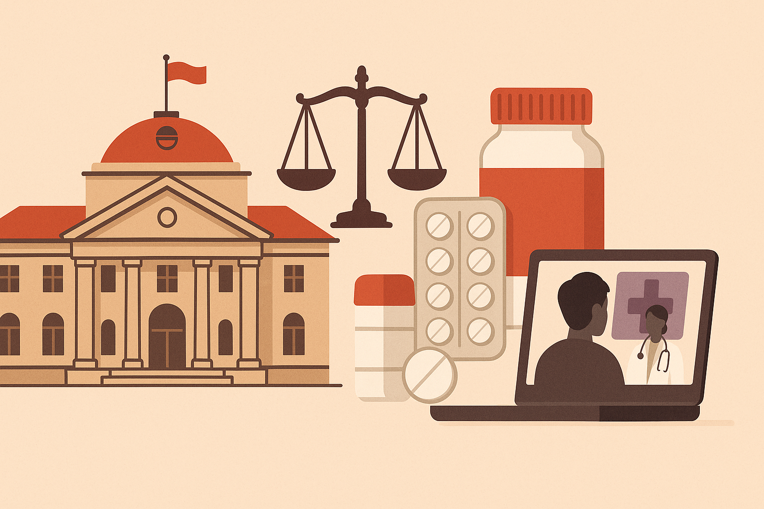 Flat illustration of Patna High Court and medical symbols showing order to ensure third-line ART medicine supply for HIV patients in Bihar