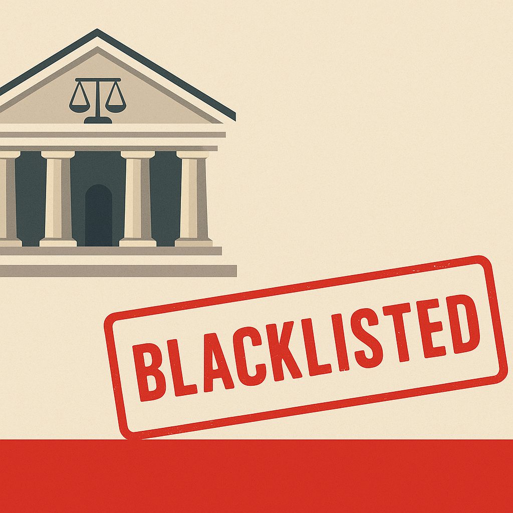 Digital illustration of a courthouse and a red blacklisted stamp representing Patna High Court ruling on unjust blacklisting