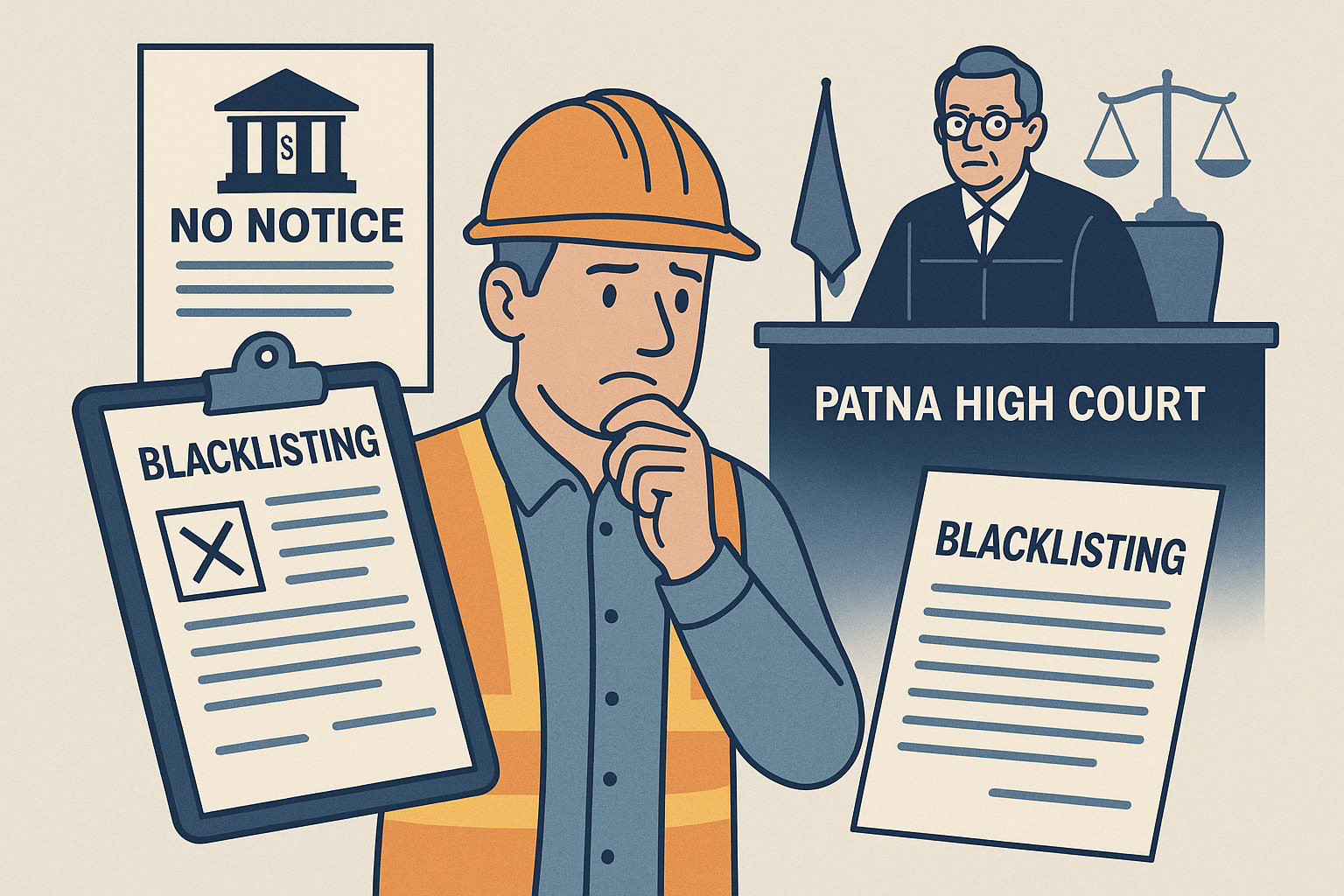 Illustration of a contractor facing government blacklisting without prior notice, addressed by Patna High Court
