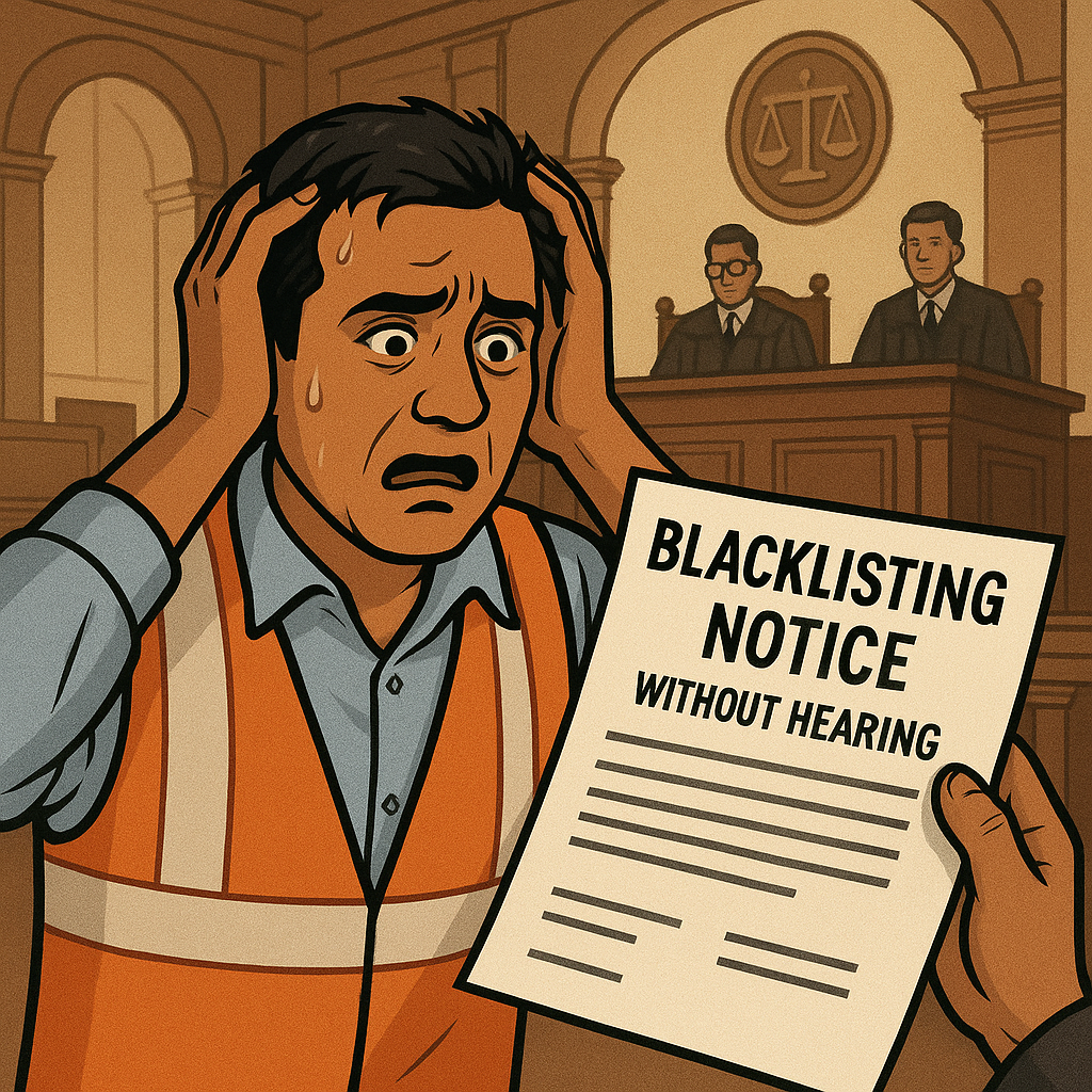 A contractor looking distressed after seeing blacklisting notice without hearing, with a courtroom in the background – symbolic of Patna High Court ruling