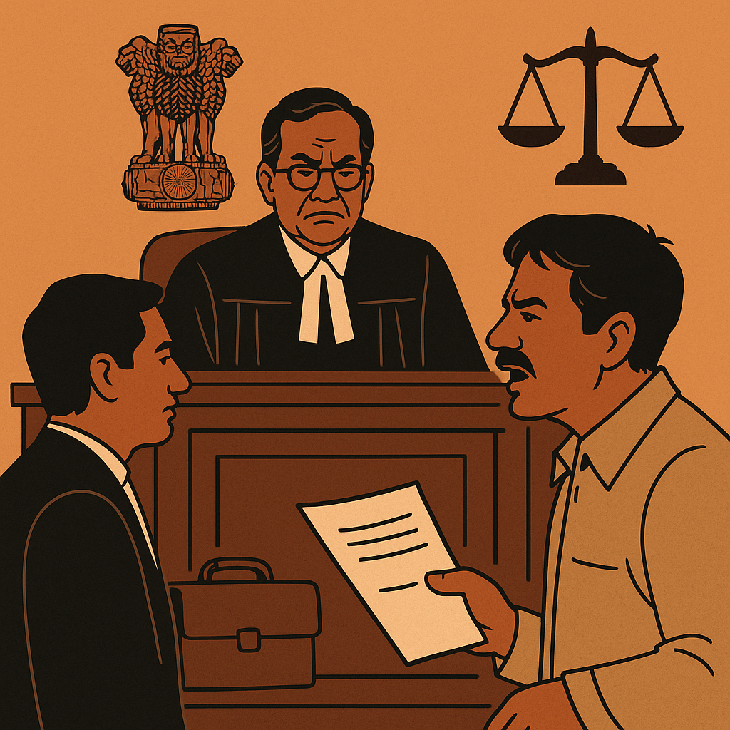 Courtroom illustration showing a legal dispute involving fertilizer license cancellation heard by Patna High Court