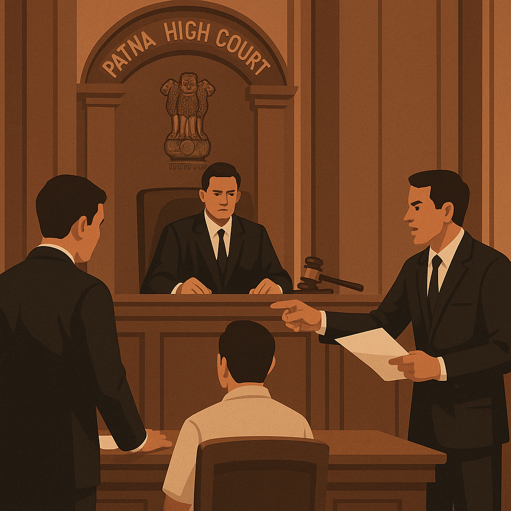 Courtroom illustration showing legal challenge to blacklisting of bidder in absence of contract, heard in Patna High Court