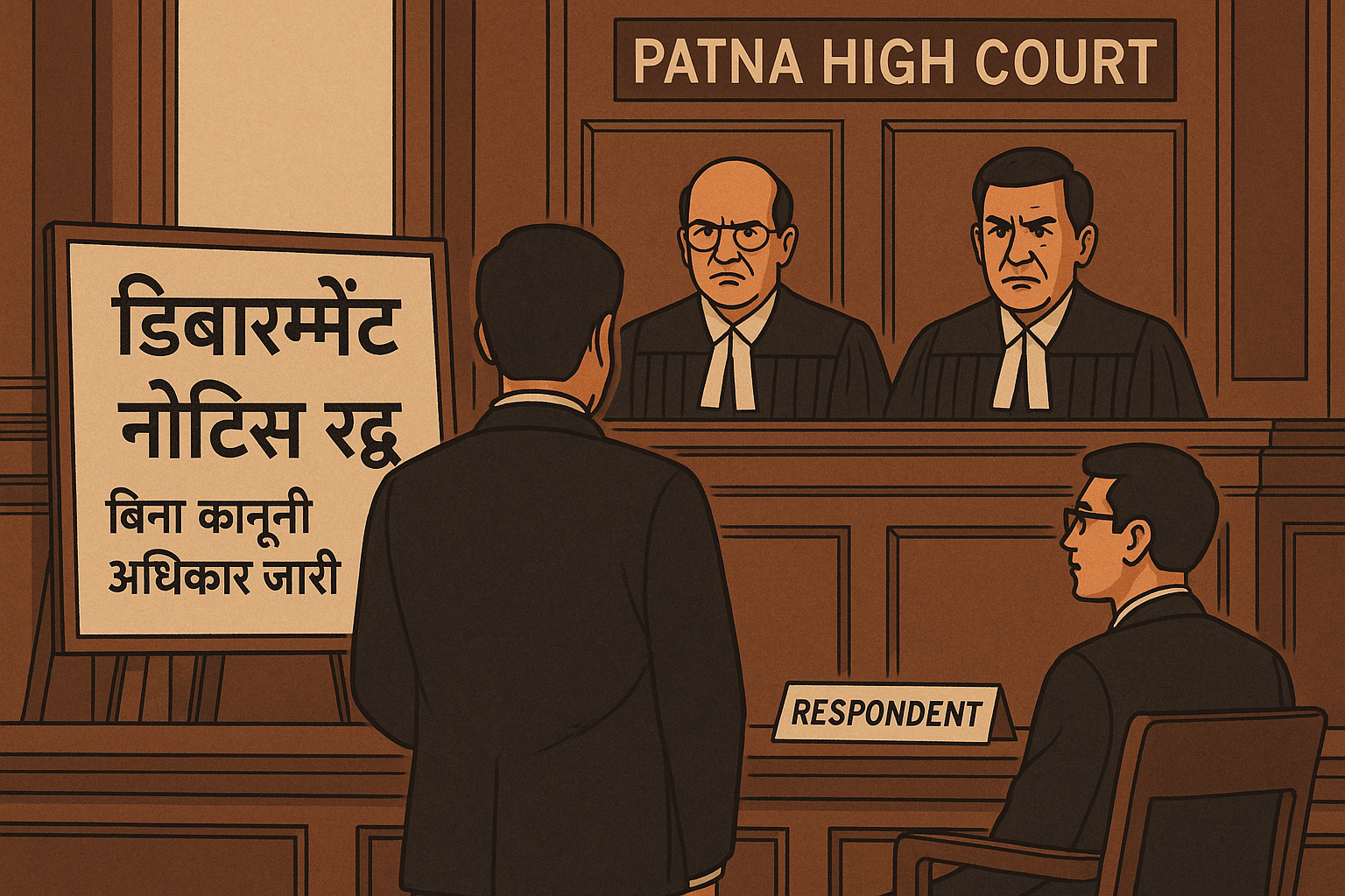 Courtroom illustration of Patna High Court ruling on unlawful debarment notice issued to a contractor without statutory authority.