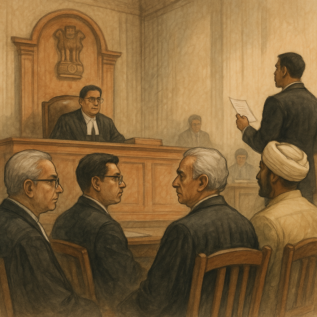 Courtroom illustration showing dispute over government road tender and debarment in Patna High Court.