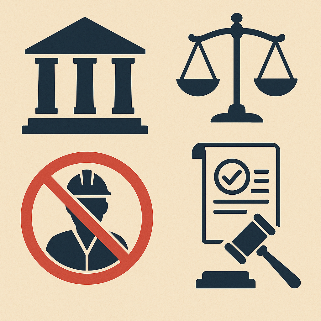 Illustration showing symbols of a court building, justice scales, construction prohibition, and legal documents reflecting contractor debarment issue in Bihar