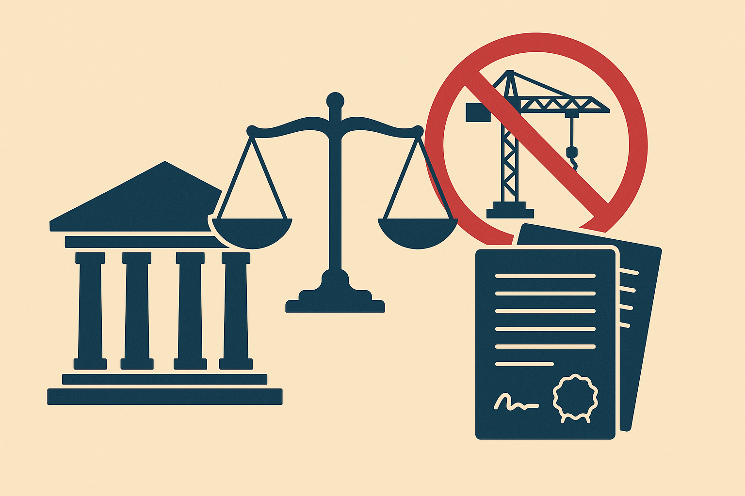 Illustration of court, justice scales, construction prohibition symbol, and official documents representing blacklisting over fraud in Bihar