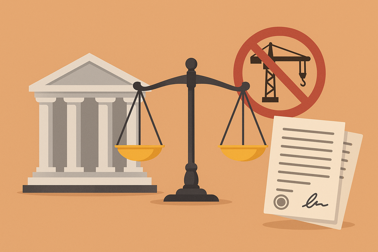 Flat illustration showing court building, justice scales, construction ban sign, and signed agreement for hospital construction dispute resolution