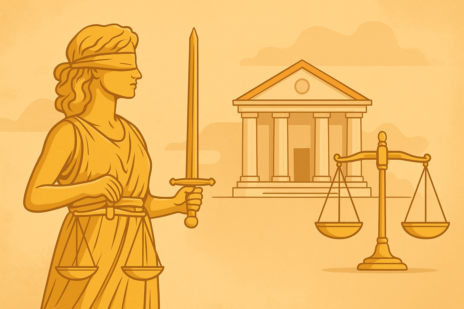 Illustration showing justice statue and courthouse symbolizing arbitration jurisdiction decision by Patna High Court.