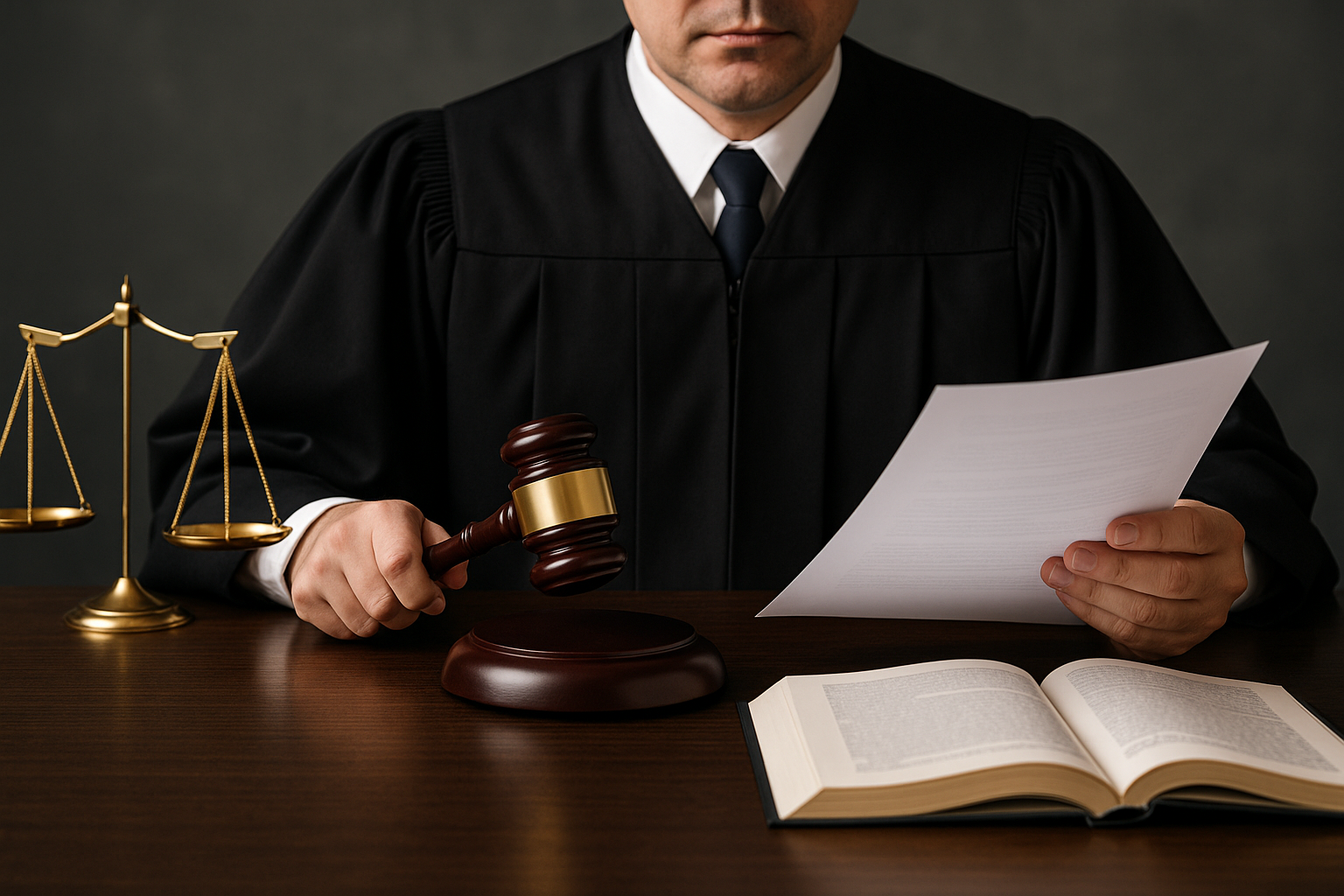 Judge reviewing legal documents before issuing debarment order; reflects due process in tender blacklisting case.