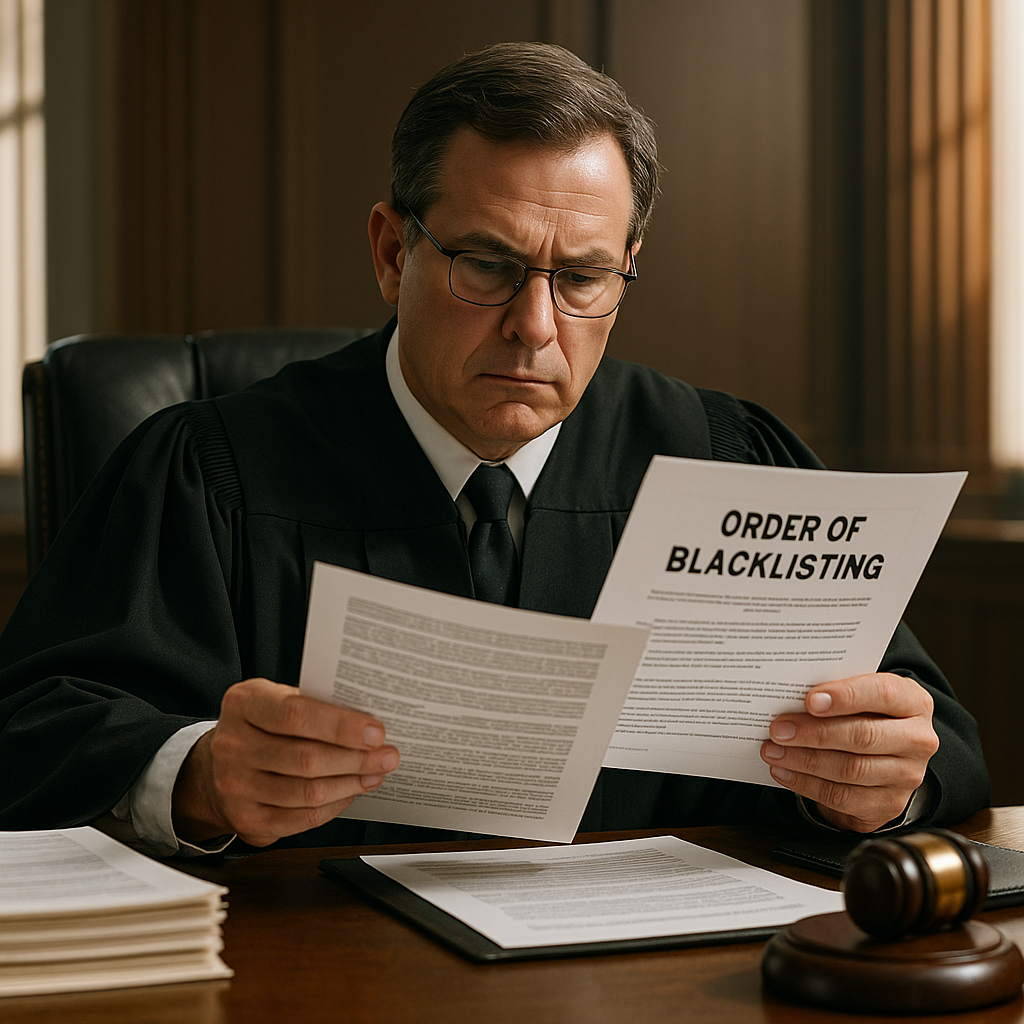 Judge in Indian courtroom reviewing blacklisting order related to digital exam agency case.