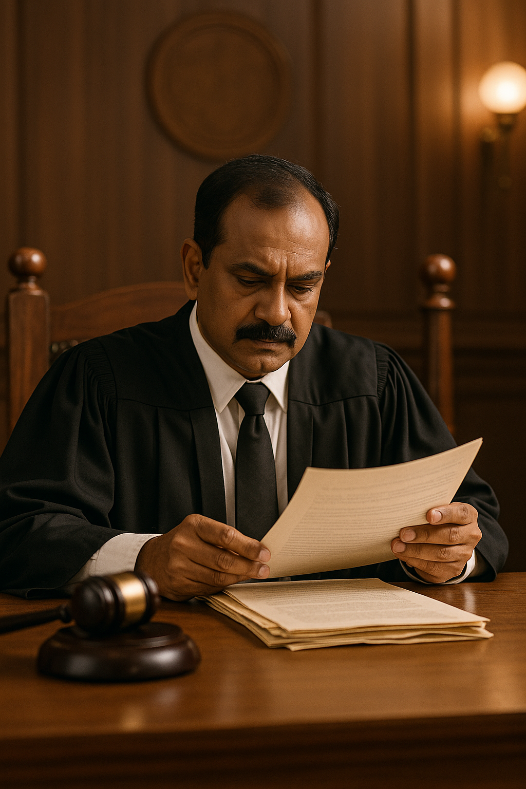 Indian judge reviewing salary claim documents in court involving private college clerk.