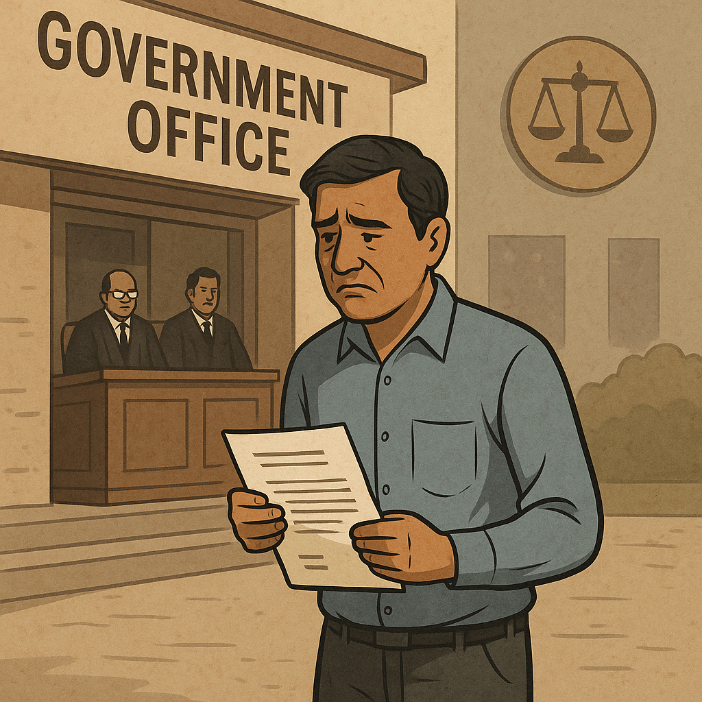 Illustration of a middle-aged man holding court papers outside a government building, symbolizing blacklisting appeal and administrative justice.