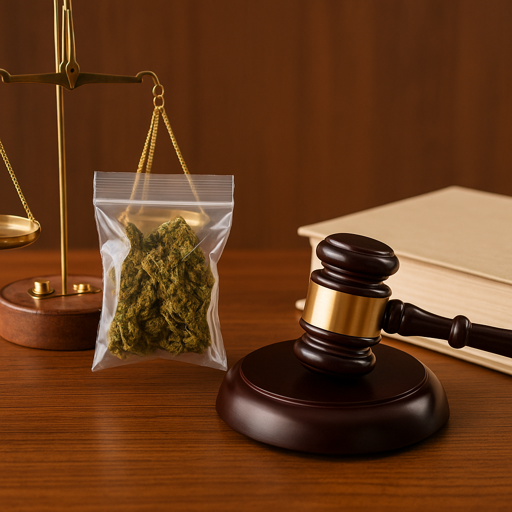A courtroom setup with ganja packet, justice scale, gavel, and law book reflecting NDPS acquittal case