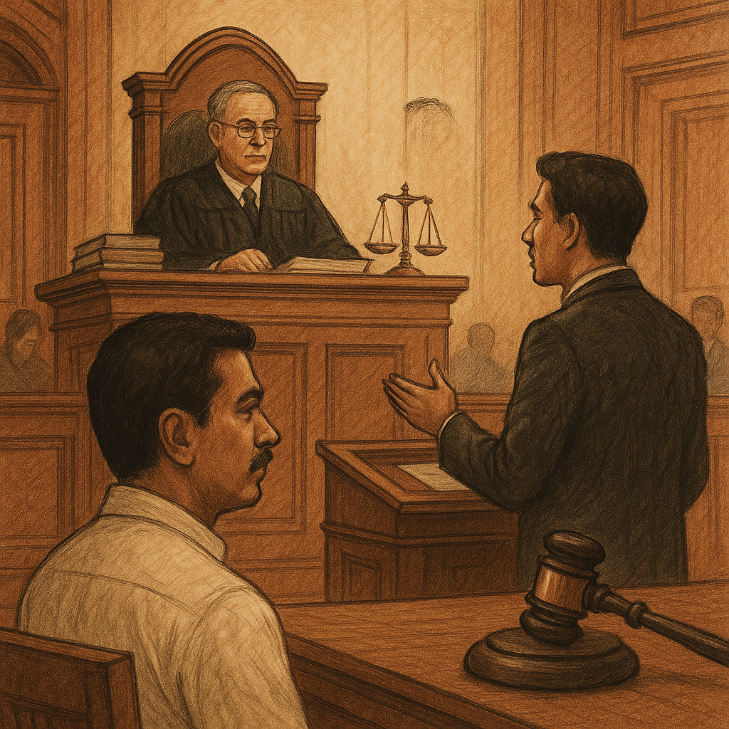 Courtroom illustration showing a judge, lawyer, and employee in reinstatement case over wrongful termination