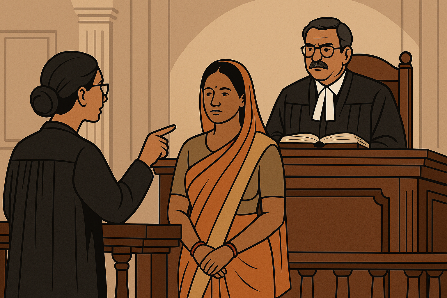 Courtroom illustration showing a village Mukhiya defending against fraud charges before a judge in Bihar.