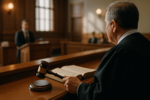 Courtroom scene showing judge evaluating lease dispute related to dealership application.