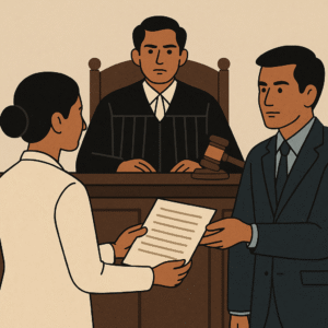 Courtroom illustration showing a tax settlement case with judge overseeing exchange of documents between lawyers