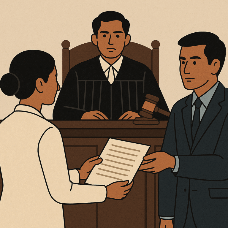 Courtroom illustration showing a tax settlement case with judge overseeing exchange of documents between lawyers