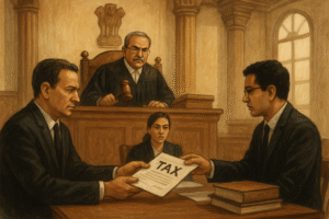 Courtroom scene showing dispute over tax documents between industry representative and tax official in Bihar.