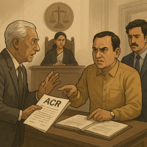Courtroom illustration showing a retired government engineer receiving justice over denied promotion due to adverse ACR.