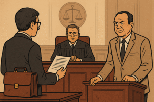 Courtroom illustration showing dispute over tender disqualification between audit firm and government officials in Bihar.