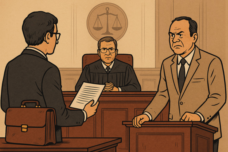 Courtroom illustration showing dispute over tender disqualification between audit firm and government officials in Bihar.