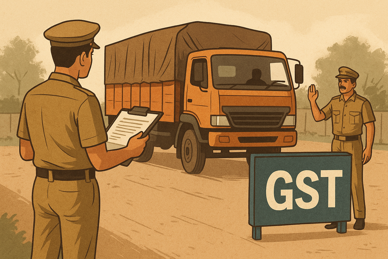 Illustration of GST officers stopping a truck on a rural Bihar road during a tax detention case decided by Patna High Court in 2024