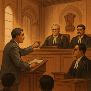 Courtroom illustration of Patna High Court hearing on Bihar textbook tender requiring local printing and storage facilities