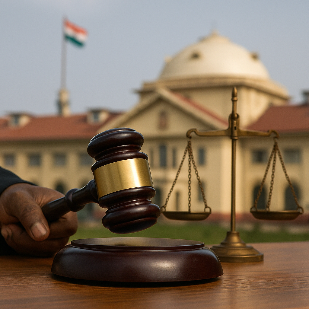 Indian High Court judgment on teacher termination showing courtroom symbolism with gavel, balance scale, and government building backdrop