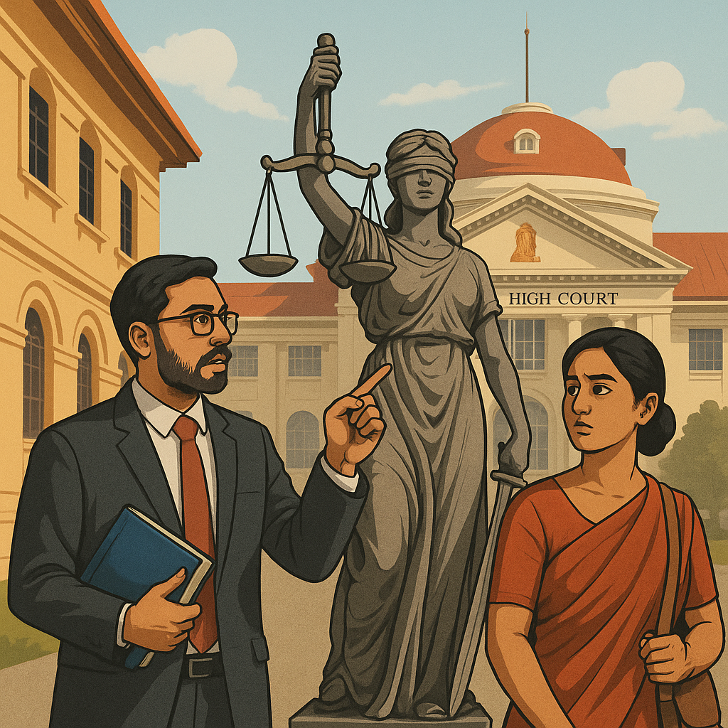 Courtroom illustration of Patna High Court case where a contract employee’s withheld salary dispute was decided.