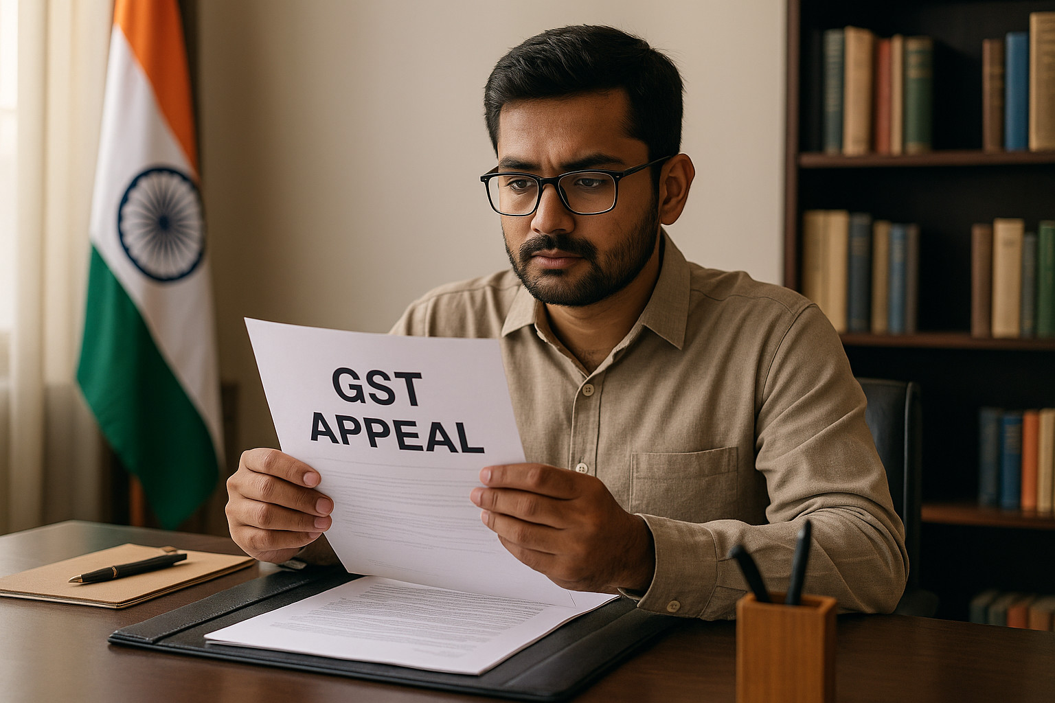 Indian taxpayer reviewing GST appeal documents in an office, reflecting Patna High Court decision on restoration of time-barred appeals under CBIC notification.