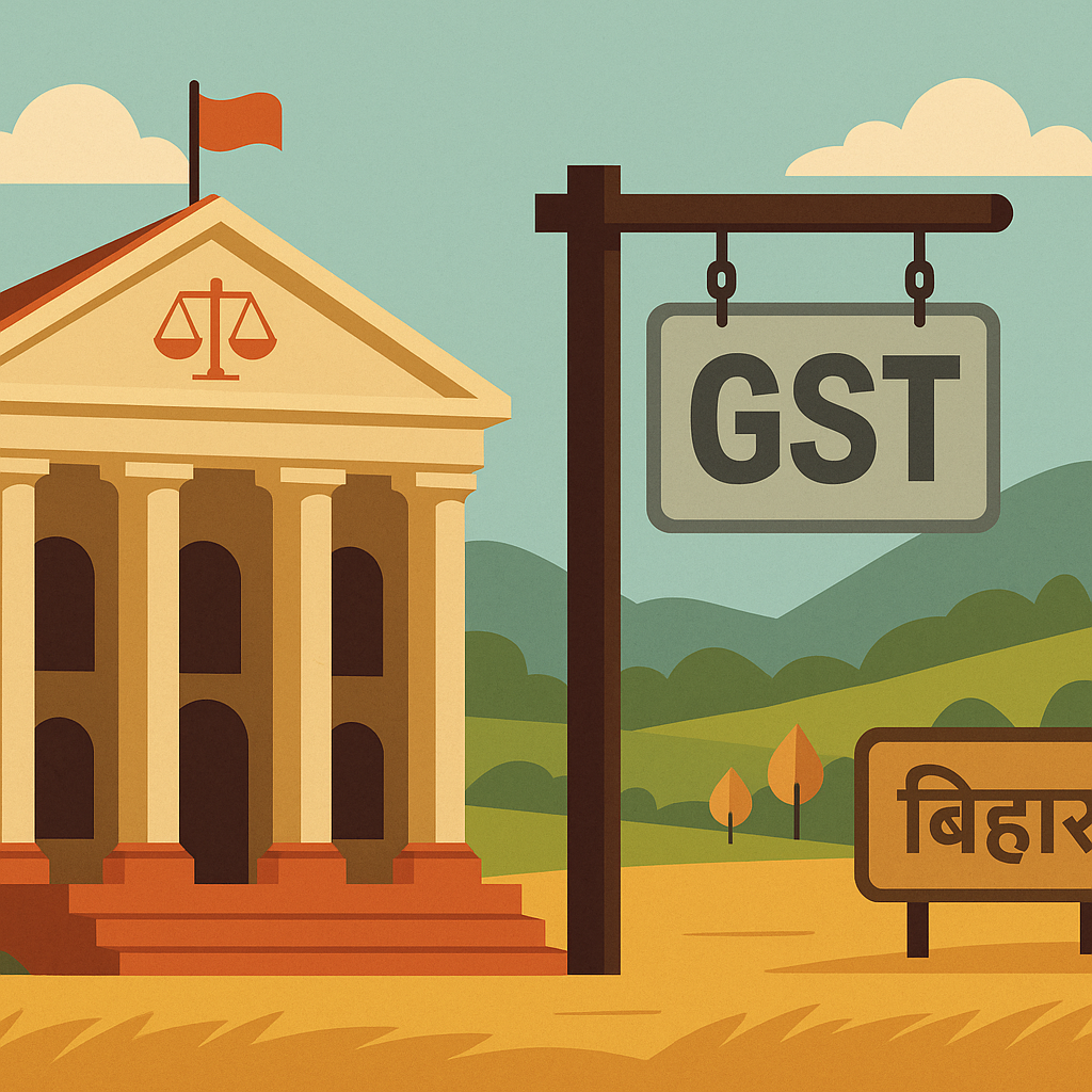Flat illustration of Patna High Court with GST signboard and Bihar landscape, symbolizing delayed GST appeal decision.