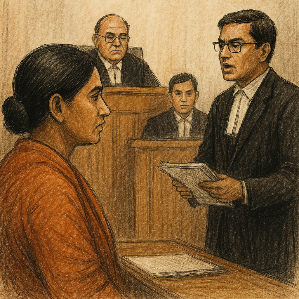 Courtroom illustration of Patna High Court hearing a case on blacklisting and transport tender dispute in Bihar