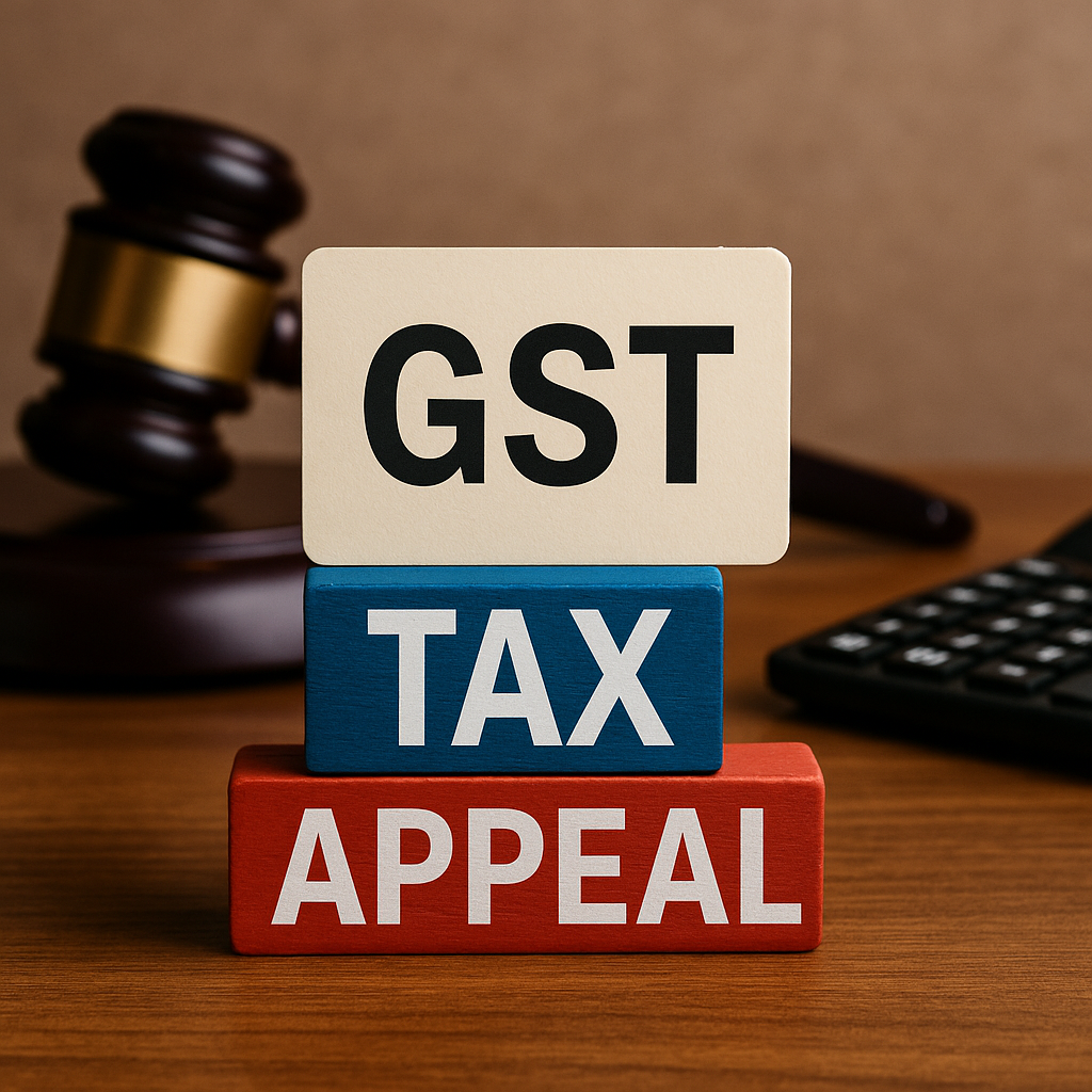 Courtroom-themed desk with GST tax appeal symbols reflecting Patna High Court judgment on delayed GST appeals.