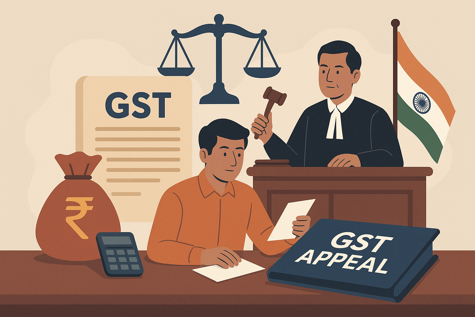Indian courtroom illustration showing GST appeal delay dispute and Patna High Court’s relief under CBIC notification