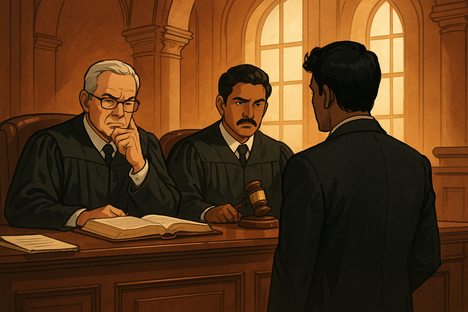 Courtroom scene showing judges listening to petitioner in GST assessment case