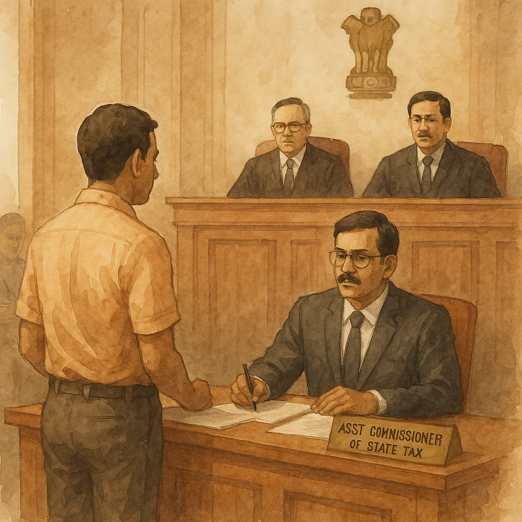 Watercolor courtroom scene showing GST taxpayer before tax officer and judges in Patna High Court, highlighting dispute over personal hearing