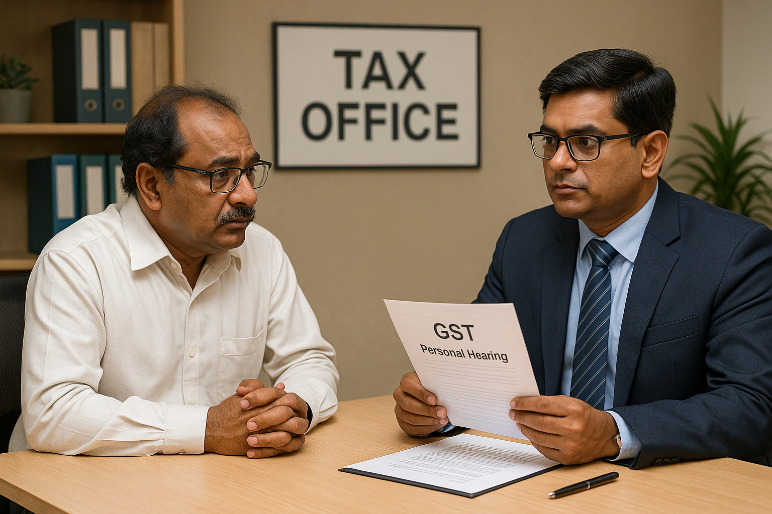 Indian tax office illustration showing GST personal hearing between businessman and officer as decided by Patna High Court in 2024