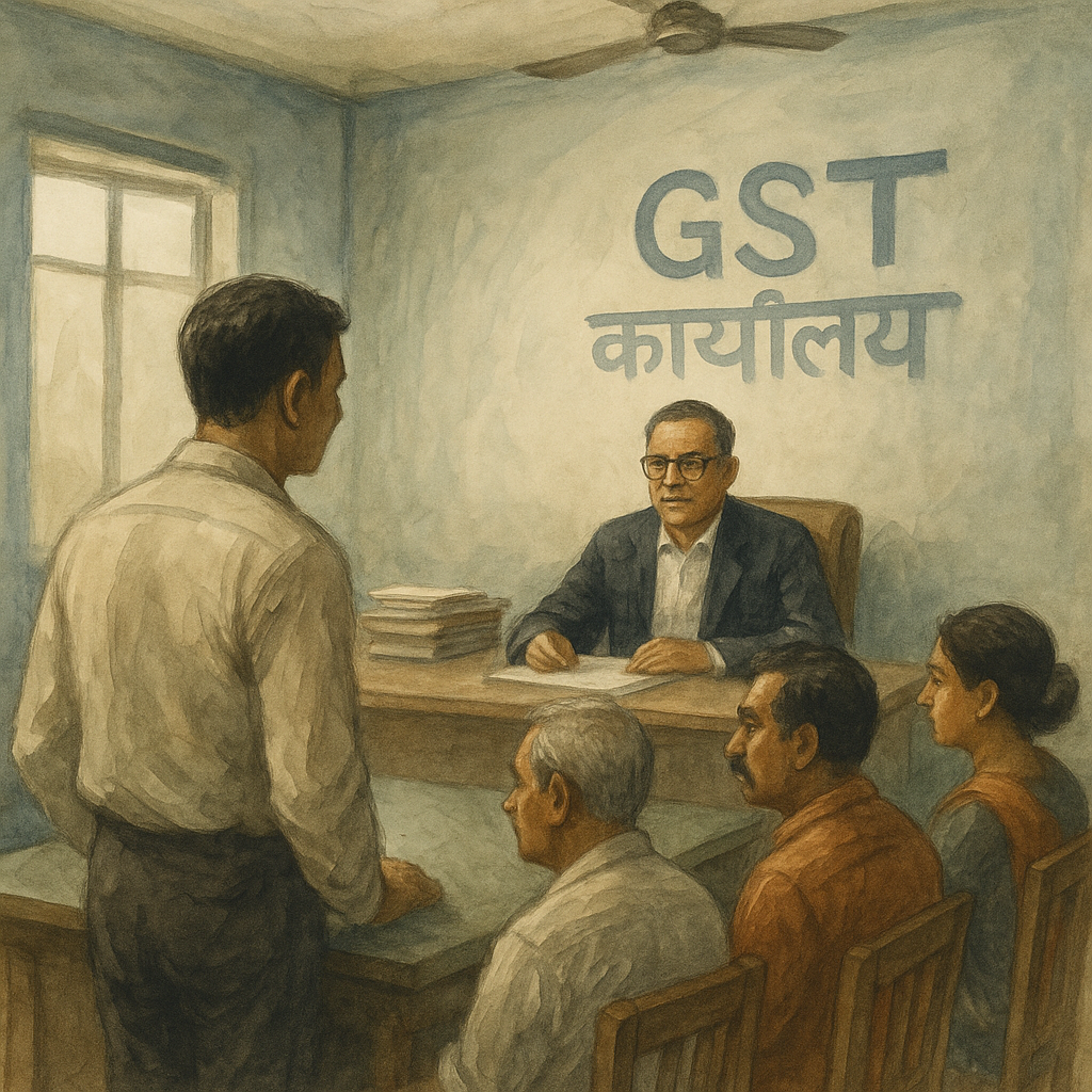 Watercolor illustration of a GST office hearing in Bihar, showing tax officer, petitioners, and focus on personal hearing dispute before Patna High Court.