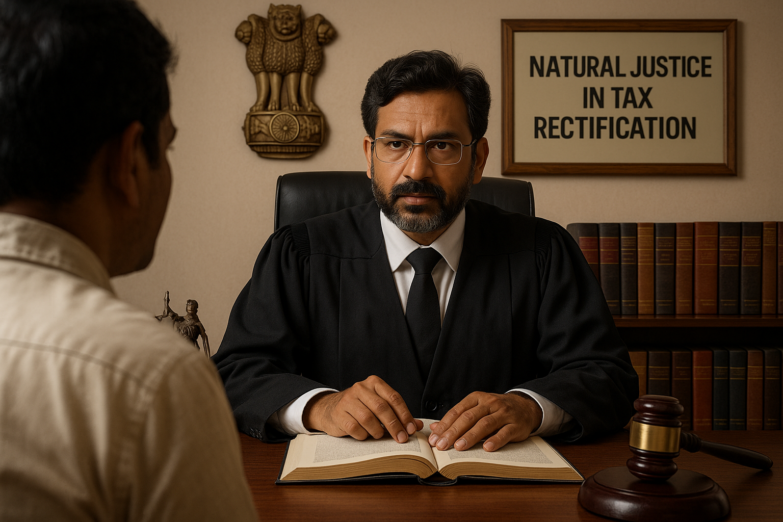 Indian courtroom illustration showing judge hearing a taxpayer in a BGST rectification case at Patna High Court