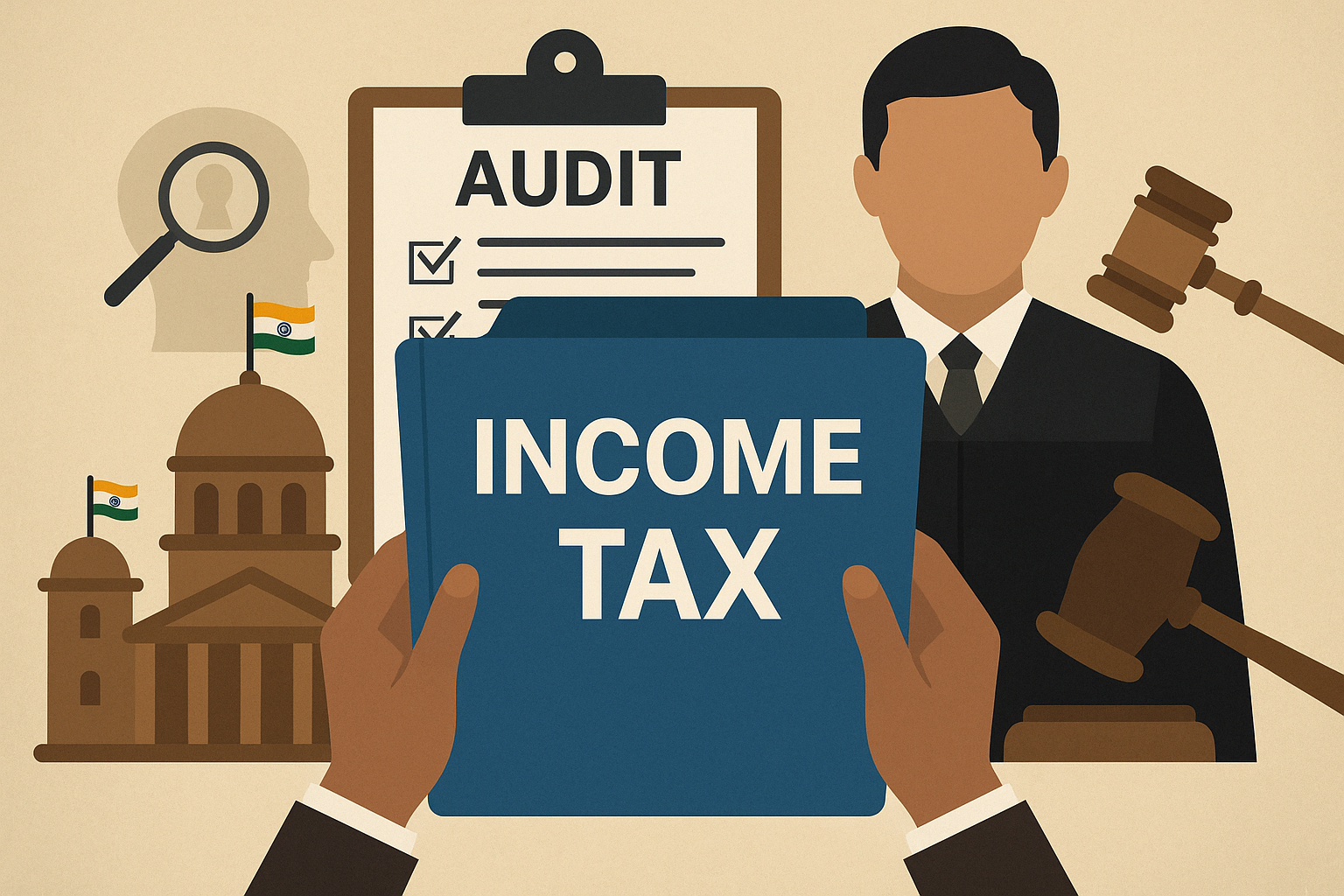 A digital illustration showing Indian Income Tax search scrutiny with government building, audit papers, and a judge symbolizing privacy safeguards