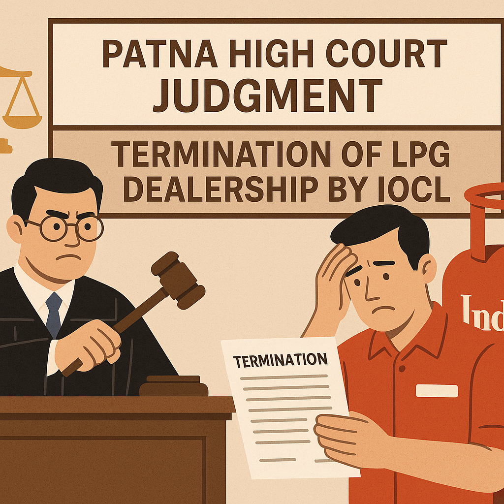 Illustration of Patna High Court judgment on termination of Indane LPG dealership by IOCL due to fraudulent documents.