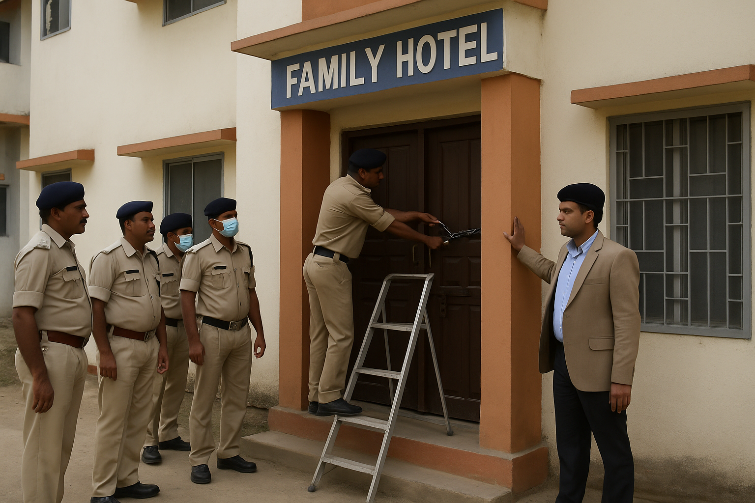 Police and SDM sealing a small hotel in Bihar under Patna High Court judgment on Immoral Traffic Act.