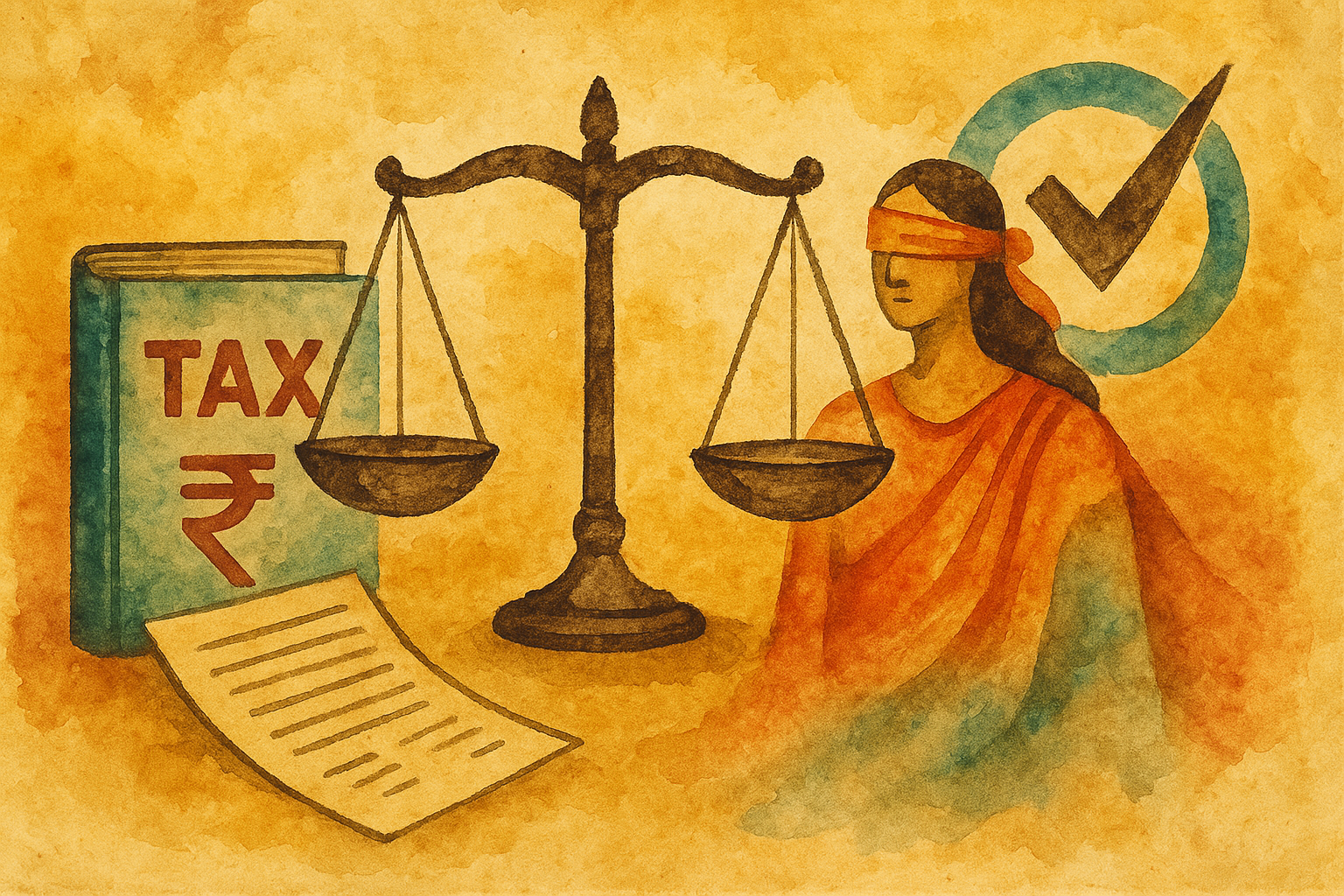 Abstract watercolor illustration symbolizing fairness and balance in taxation with scales, rupee sign, and Lady Justice.