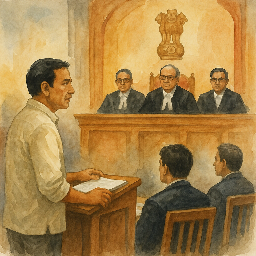 Watercolor courtroom scene of Patna High Court hearing excise duty dispute involving cigarette seizures and writ petitions.