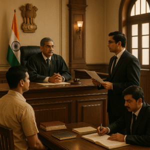Indian courtroom illustration of Patna High Court hearing on BMSICL single bidder tender cancellation.